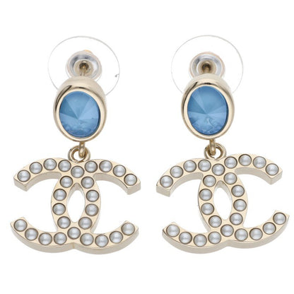CHANEL Color Stone CC Mark Earrings Gold Blue Size ONE SIZE