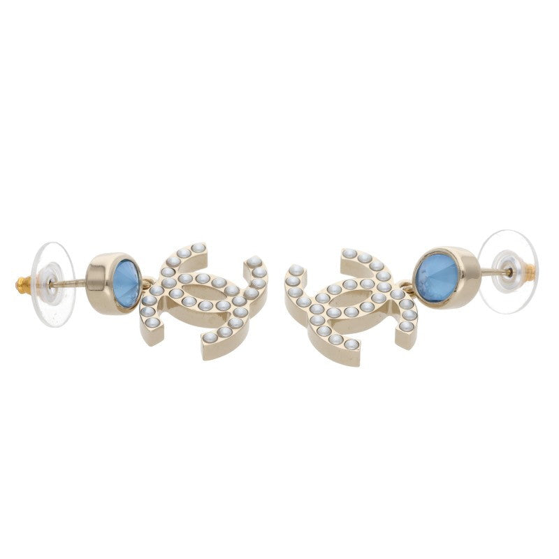 CHANEL Color Stone CC Mark Earrings Gold Blue Size ONE SIZE