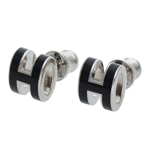 HERMES Mini Pop H Lacquer Metal Silver Black Earrings Size ONE SIZE