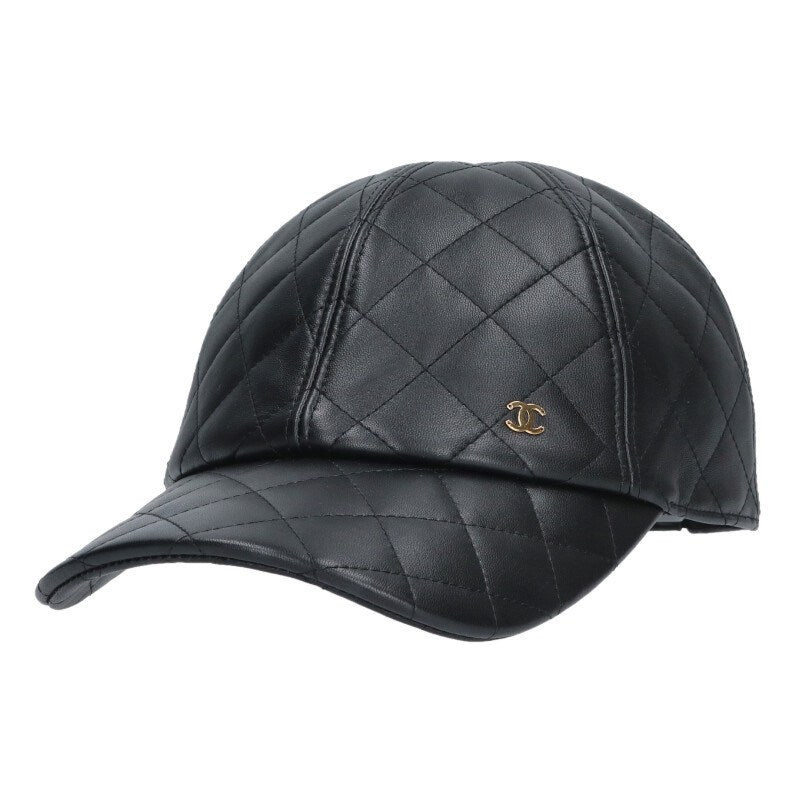CHANEL Matelassé Lamb Leather Cap Black Size ONE SIZE
