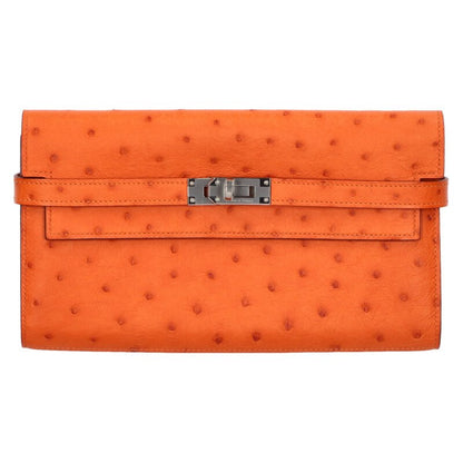 HERMES Kelly Wallet Ostrich Leather Silver HW Size ONE SIZE