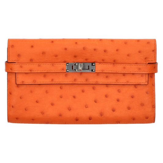 HERMES Kelly Wallet Ostrich Leather Silver HW Size ONE SIZE