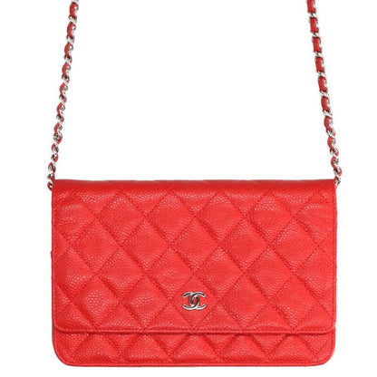 CHANEL Caviar Leather Chain Wallet Red/Silver Size ONE SIZE