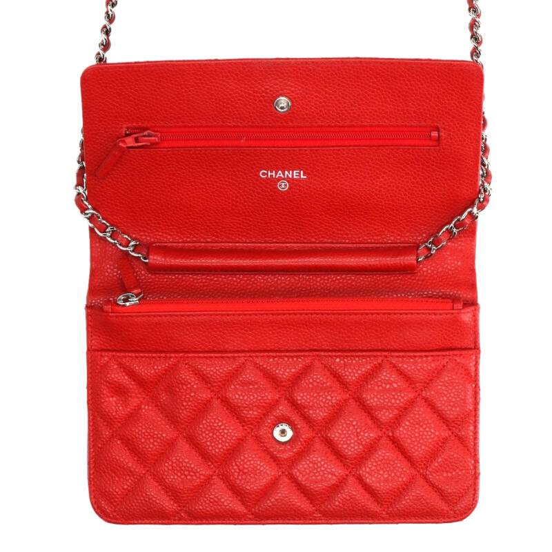 CHANEL Caviar Leather Chain Wallet Red/Silver Size ONE SIZE