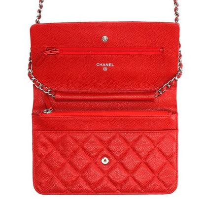 CHANEL Caviar Leather Chain Wallet Red/Silver Size ONE SIZE