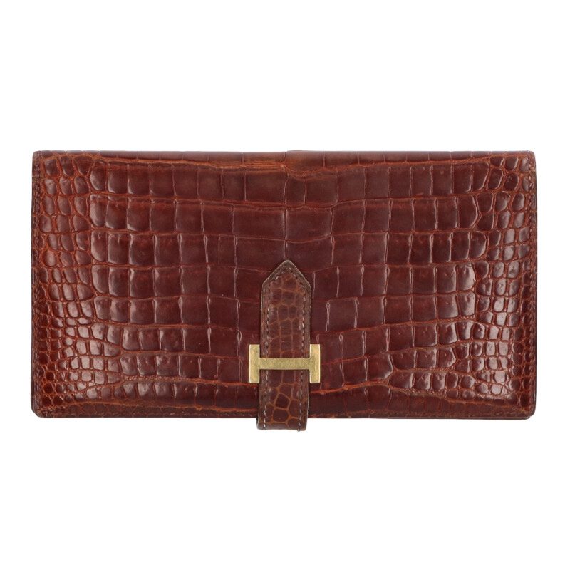 HERMES Bearn Soufflet Porosus Shine Wallet Brown