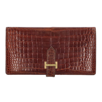 HERMES Bearn Soufflet Porosus Shine Wallet Brown