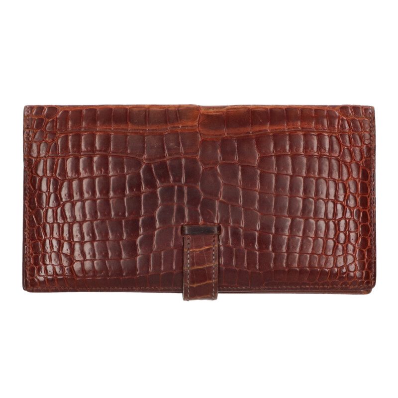 HERMES Bearn Soufflet Porosus Shine Wallet Brown