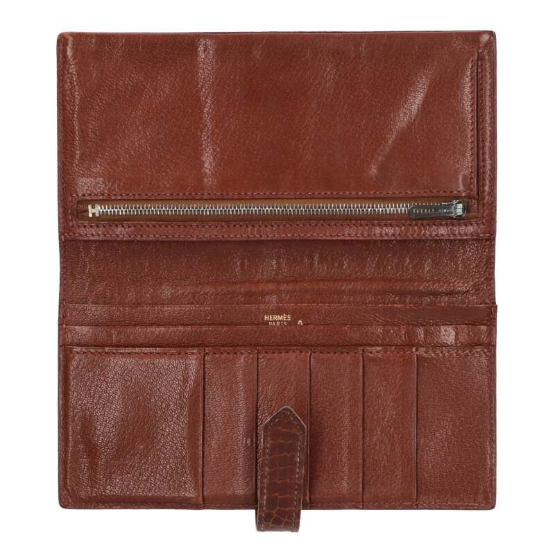 HERMES Bearn Soufflet Porosus Shine Wallet Brown