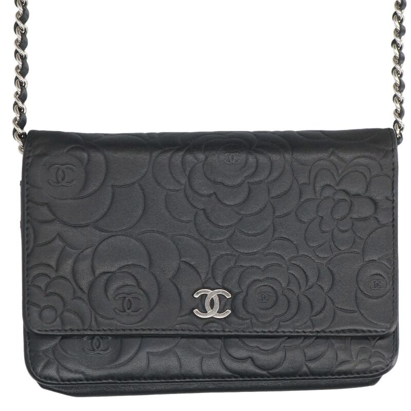 CHANEL Camellia Chain Wallet Black/Silver Size ONE SIZE