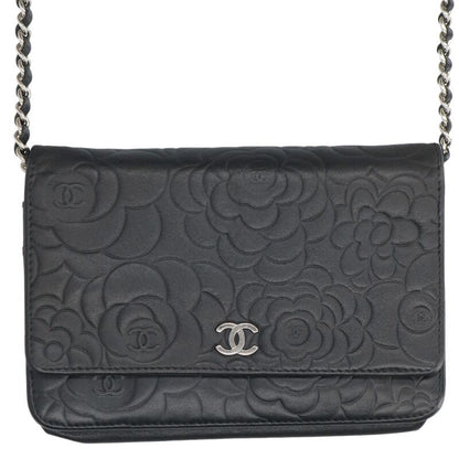 CHANEL Camellia Chain Wallet Black/Silver Size ONE SIZE