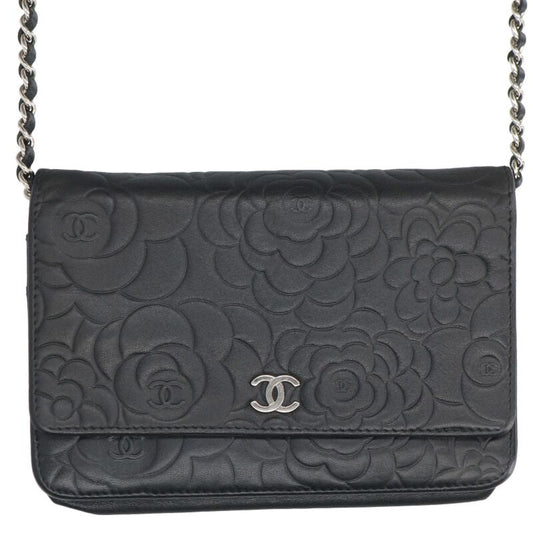 CHANEL Camellia Chain Wallet Black/Silver Size ONE SIZE