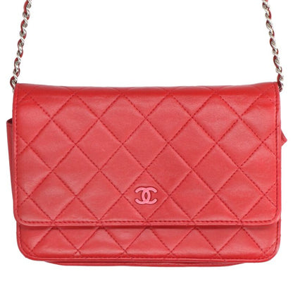 CHANEL Lambskin Chain Wallet Red/Silver Size ONE SIZE
