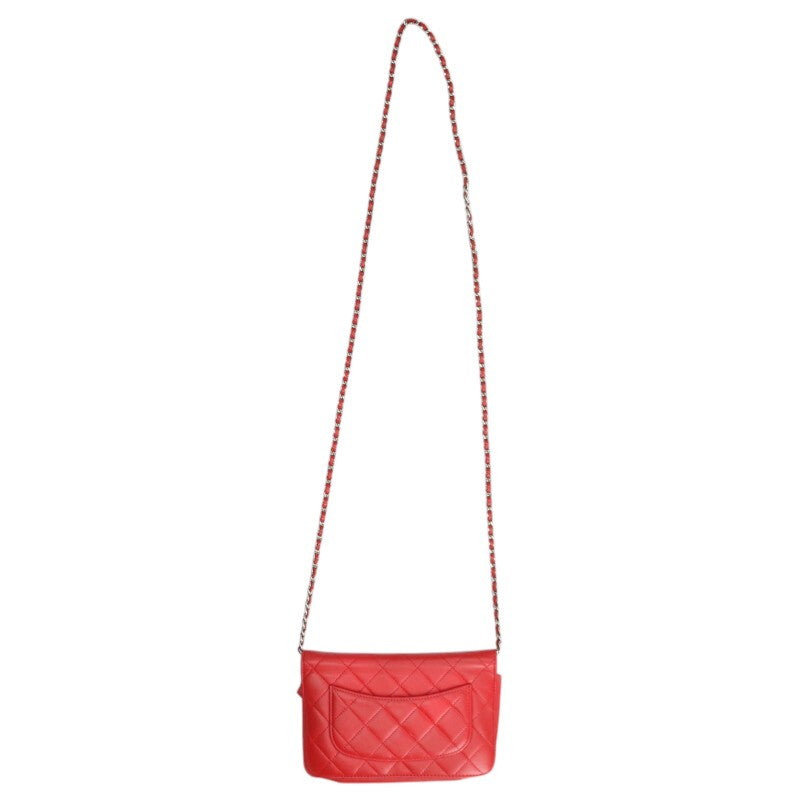 CHANEL Lambskin Chain Wallet Red/Silver Size ONE SIZE