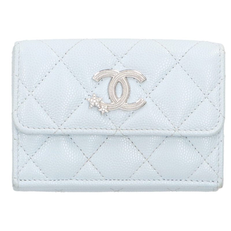 CHANEL Matelasse Coco Star Tri-Fold Light Blue Size ONE SIZE