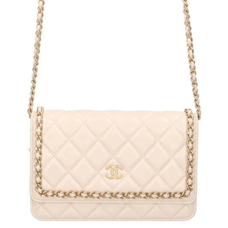 CHANEL Matelasse Lambskin Chain Beige Gold Wallet Size ONE SIZE