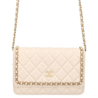 CHANEL Matelasse Lambskin Chain Beige Gold Wallet Size ONE SIZE