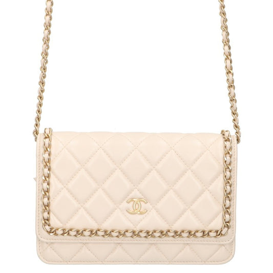 CHANEL Matelasse Lambskin Chain Beige Gold Wallet Size ONE SIZE