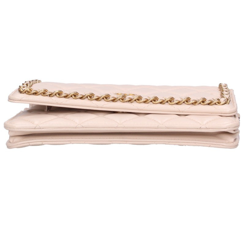 CHANEL Matelasse Lambskin Chain Beige Gold Wallet Size ONE SIZE