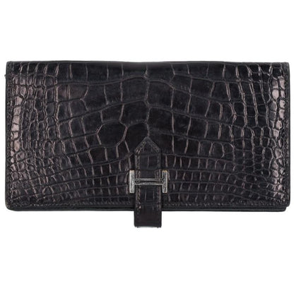 HERMES Béarn Soufflet Alligator Wallet Black Size ONE SIZE