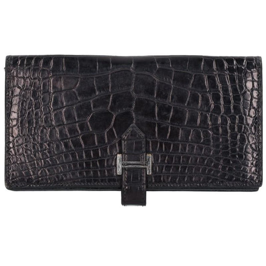 HERMES Béarn Soufflet Alligator Wallet Black Size ONE SIZE