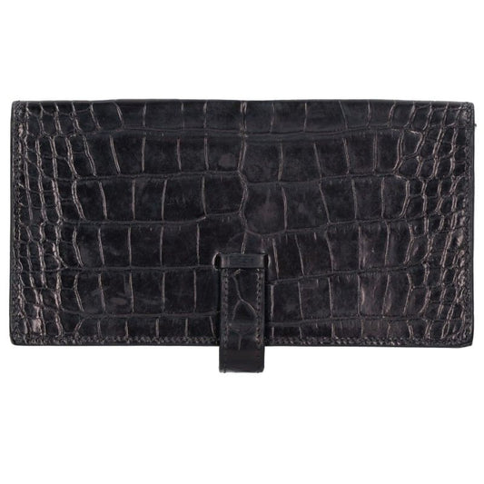 HERMES Béarn Soufflet Alligator Wallet Black Size ONE SIZE