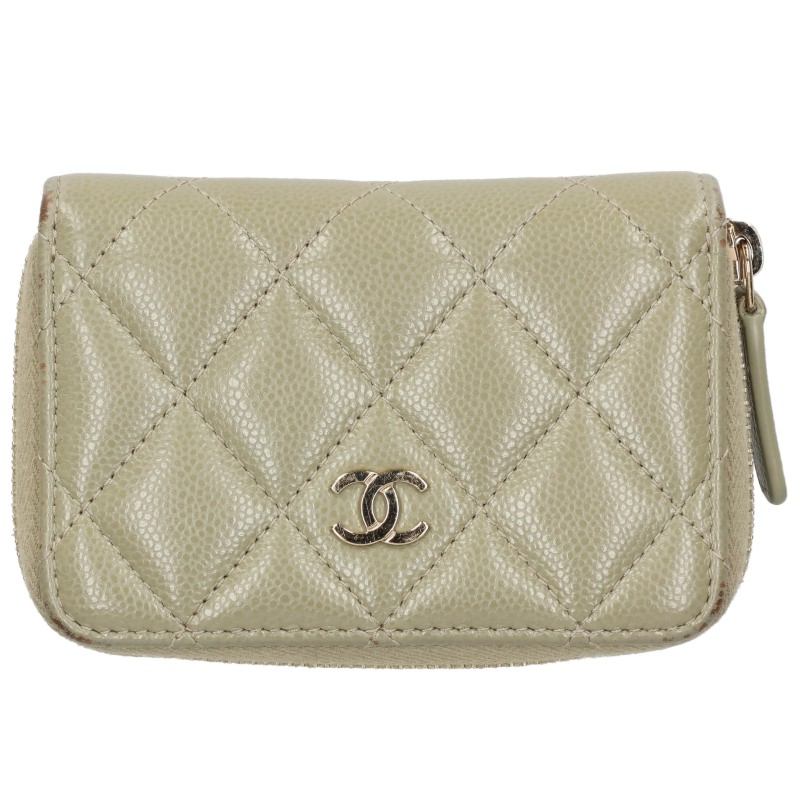 CHANEL Caviar Skin Round Zip Coin Green Gold Coin Case Size ONE SIZE