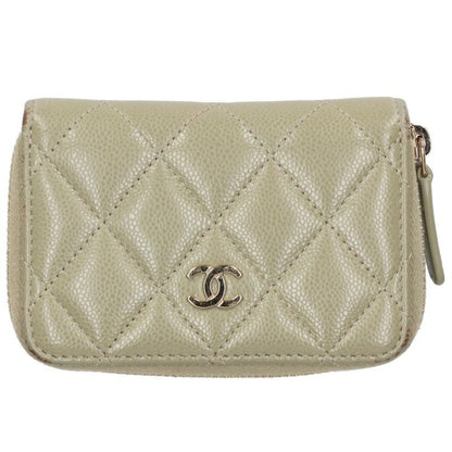 CHANEL Caviar Skin Round Zip Coin Green Gold Coin Case Size ONE SIZE