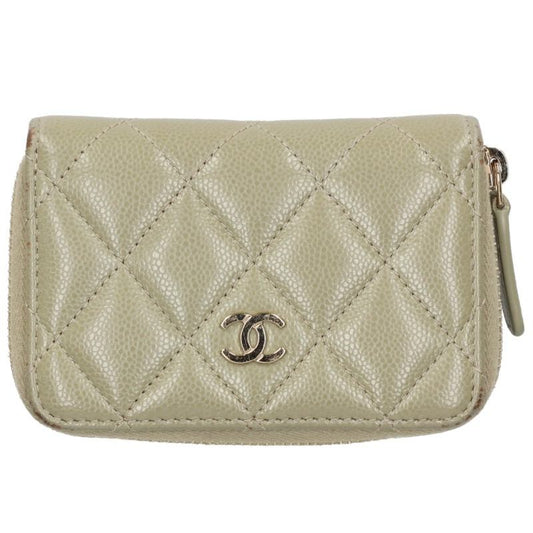 CHANEL Caviar Skin Round Zip Coin Green Gold Coin Case Size ONE SIZE