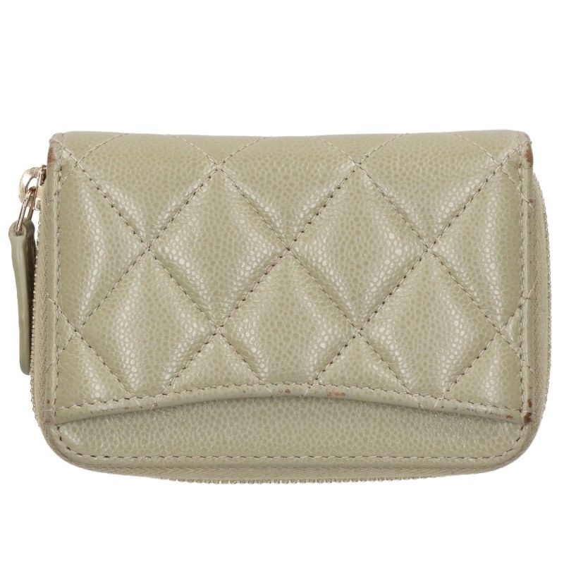 CHANEL Caviar Skin Round Zip Coin Green Gold Coin Case Size ONE SIZE
