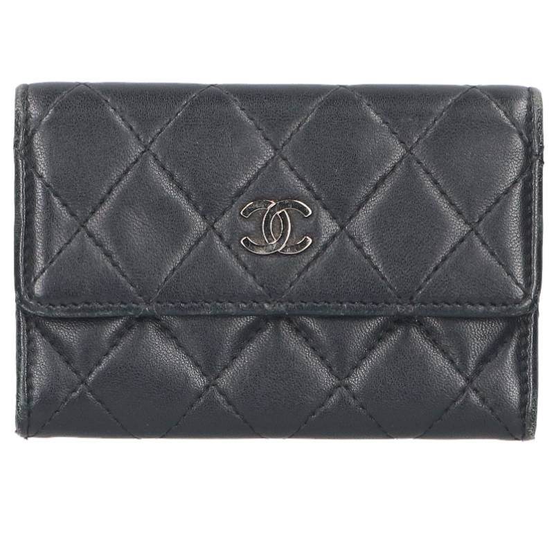 CHANEL Coco Mark Lambskin Holder Silver/Black Card Case Size ONE SIZE
