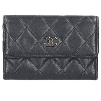 CHANEL Coco Mark Lambskin Holder Silver/Black Card Case Size ONE SIZE