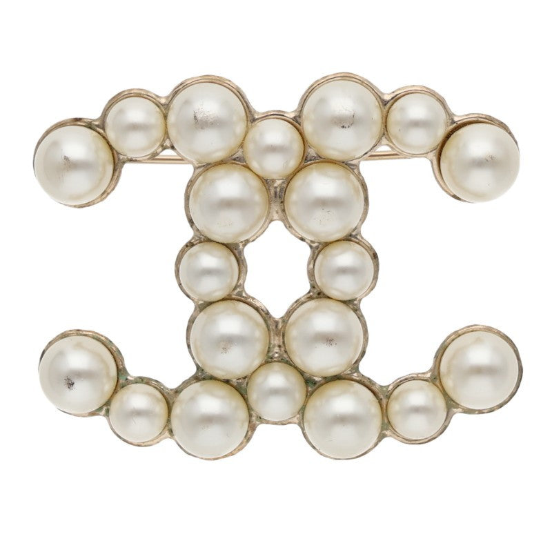 CHANEL B14V Coco Mark Faux Pearl Brooch White/Gold