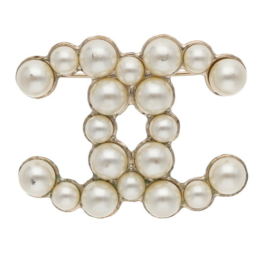 CHANEL B14V Coco Mark Faux Pearl Brooch White/Gold
