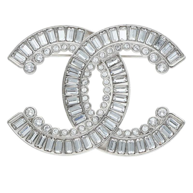 CHANEL B23S Rhinestone Coco Mark Brooch Silver/Clear