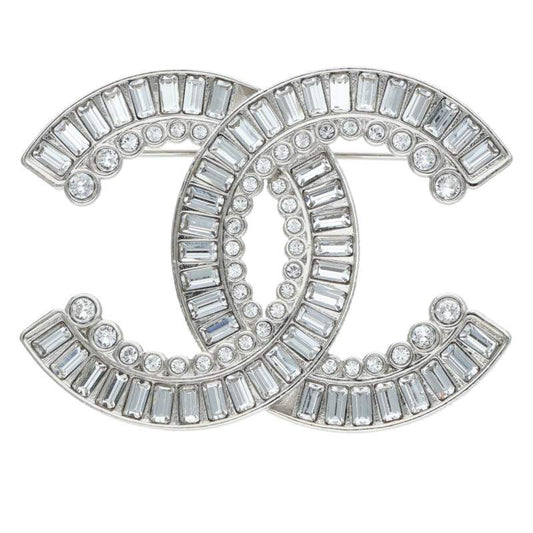 CHANEL B23S Rhinestone Coco Mark Brooch Silver/Clear