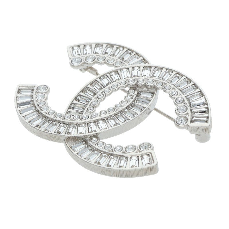 CHANEL B23S Rhinestone Coco Mark Brooch Silver/Clear