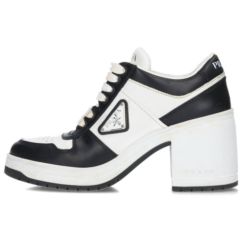 Prada Downtown Logo Plate Heeled Sneakers Wht/Blk Size 38