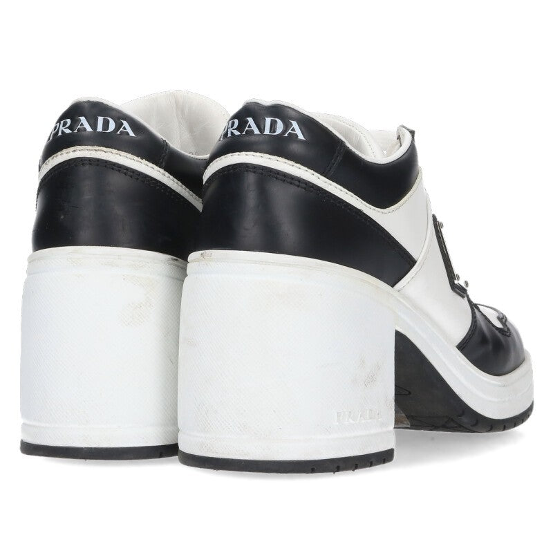 Prada Downtown Logo Plate Heeled Sneakers Wht/Blk Size 38