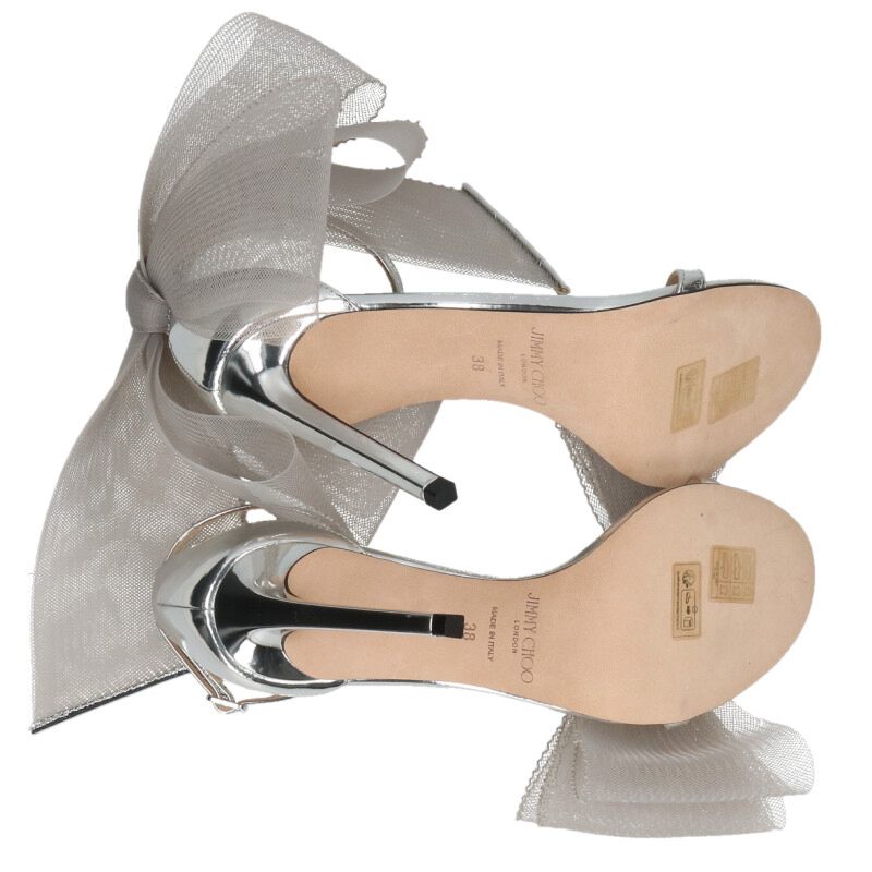 Jimmy Choo Aveline Asymmetric Ribbon Silver Sandals Size 38