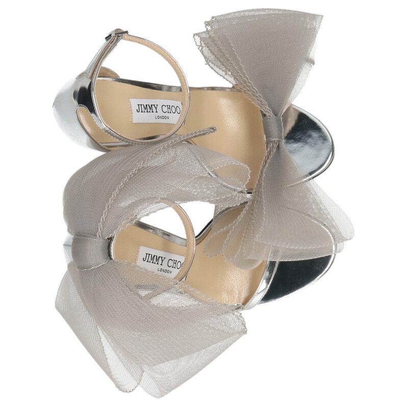 Jimmy Choo Aveline Asymmetric Ribbon Silver Sandals Size 38