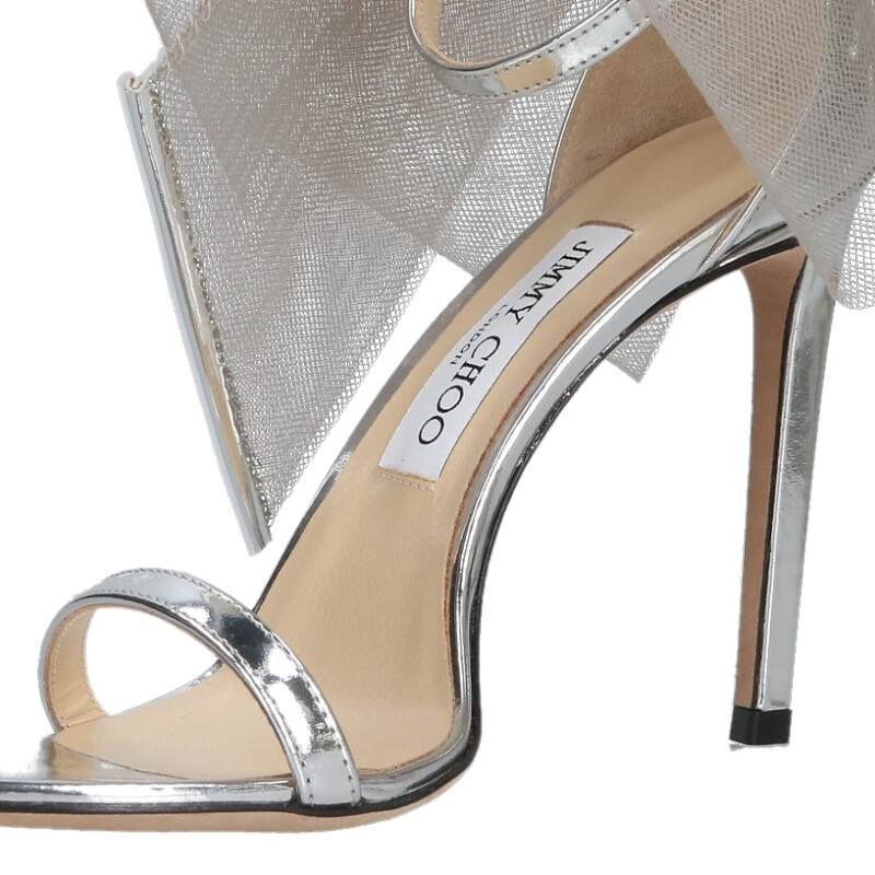 Jimmy Choo Aveline Asymmetric Ribbon Silver Sandals Size 38