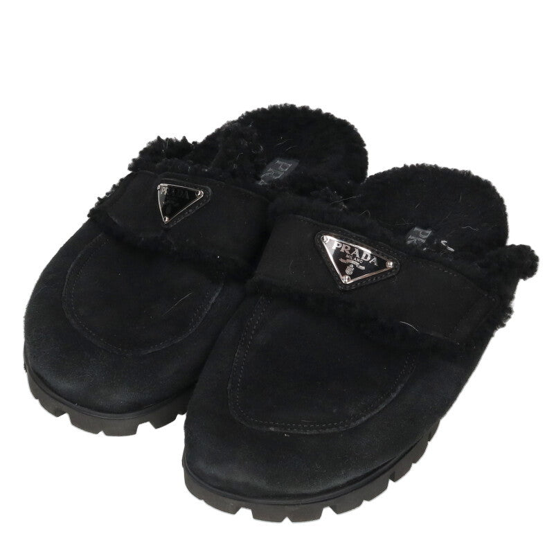 Prada Black Triangle Logo Plate Shearling Sandals Size 38