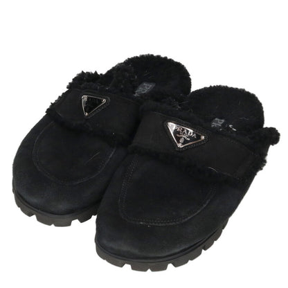 Prada Black Triangle Logo Plate Shearling Sandals Size 38