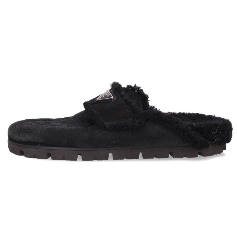 Prada Black Triangle Logo Plate Shearling Sandals Size 38