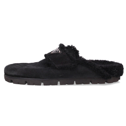 Prada Black Triangle Logo Plate Shearling Sandals Size 38