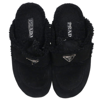 Prada Black Triangle Logo Plate Shearling Sandals Size 38
