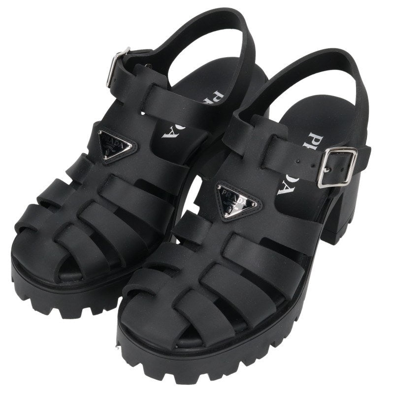 PRADA Rubber Platform Triangle Logo Sandals Black Size 37