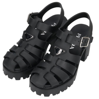 PRADA Rubber Platform Triangle Logo Sandals Black Size 37