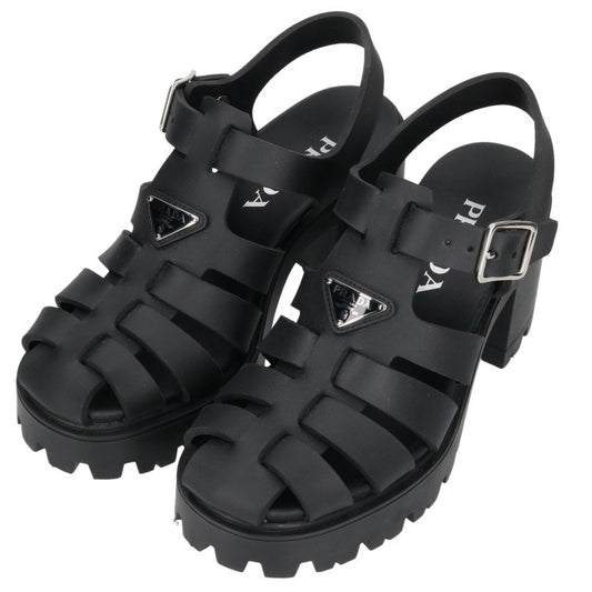 PRADA Rubber Platform Triangle Logo Sandals Black Size 37